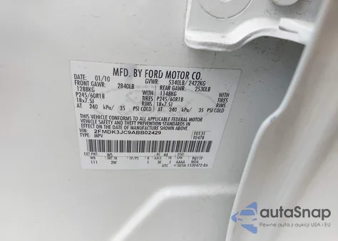 2010 Ford Edge Sel из США, поврежденный, VIN 2FMDK3JC9ABB02429